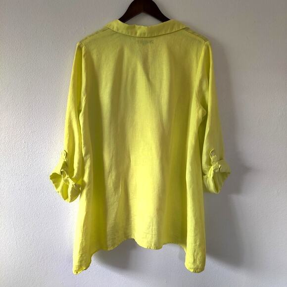 For Cynthia 100% Linen Yellow Neon Button Down Shirt Size M Legenlook Minimalist - Picture 2 of 7